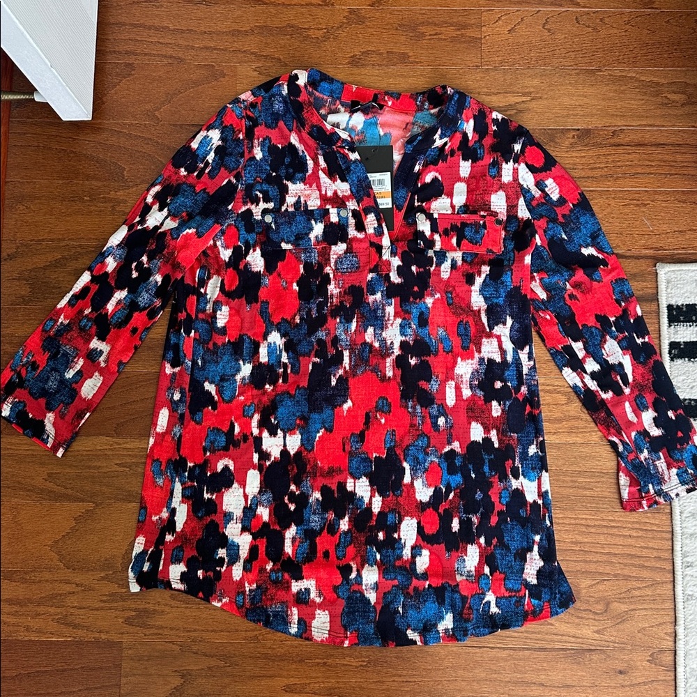 Jones New York Red and Blue Abstract Blouse